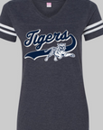 Dark navy V-neck football jersey tee for women, leaping tiger logo, striped sleeves