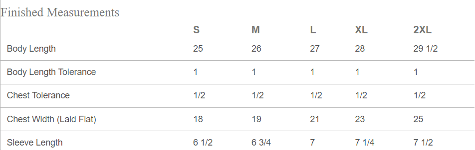 Ladies V-neck tee size chart with body length and chest measurement chart