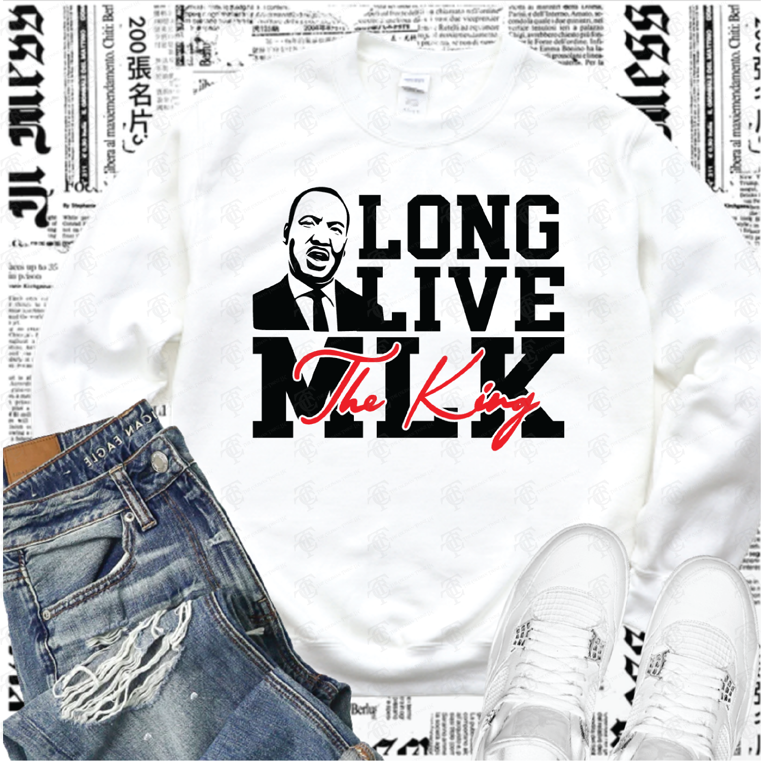 White crewneck sweatshirt with "LONG LIVE The King" back print