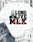 White crewneck sweatshirt with "LONG LIVE The King" back print