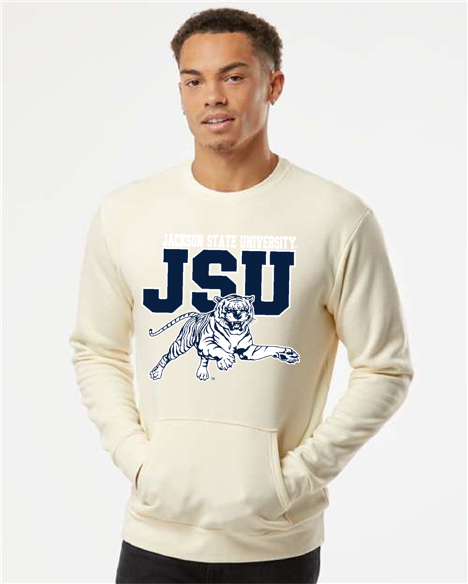Natural unisex crewneck pocket sweatshirt with JSU leaping tiger logo and front pouch