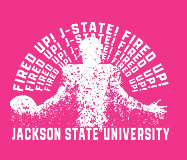 Pink short-sleeve t-shirt with white “JACKSON STATE UNIVERSITY” tiger graphic