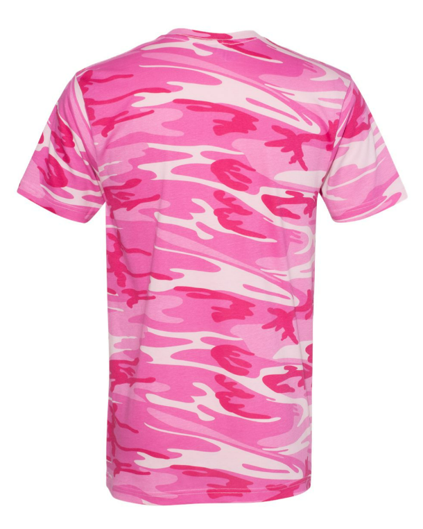 Unisex crew neck camo T-shirt in pink woodland, no visible graphic, back view