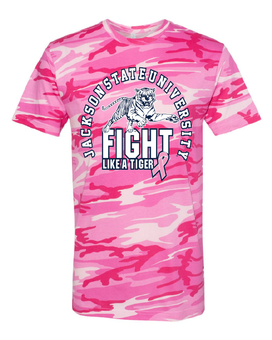 Unisex crew neck camo T-shirt with Fight Like a Tiger emblem, pink camo