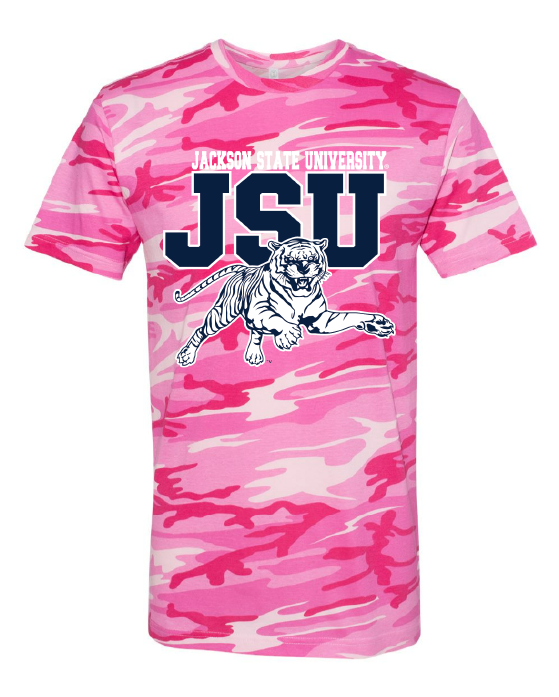 Unisex crew neck pink woodland camo T-shirt with JSU logo and leaping tiger graphic