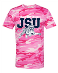 Unisex crew neck pink woodland camo T-shirt with JSU logo and leaping tiger graphic