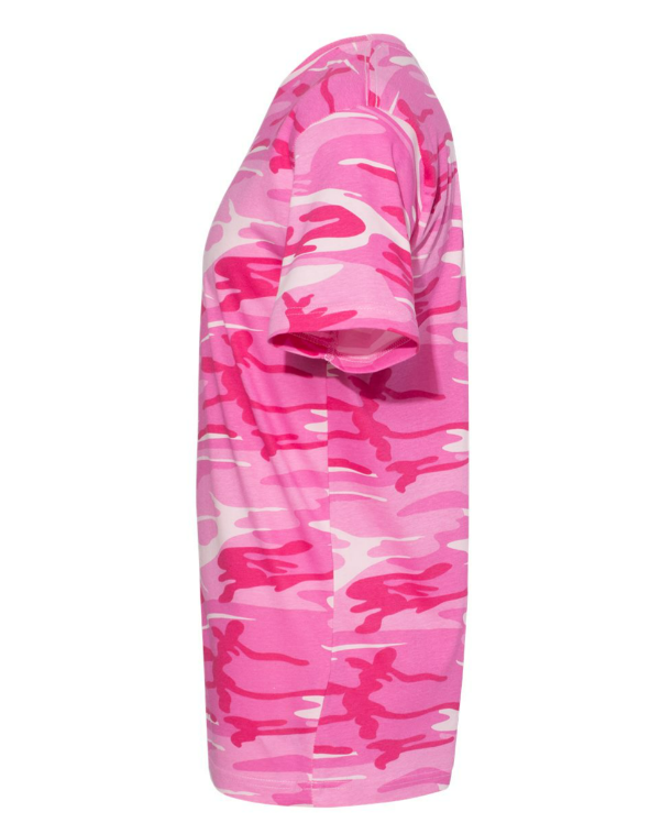 Unisex crew neck pink woodland camo T-shirt, side view with short sleeves