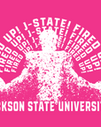 Pink short-sleeve t-shirt with white “JACKSON STATE UNIVERSITY” tiger graphic