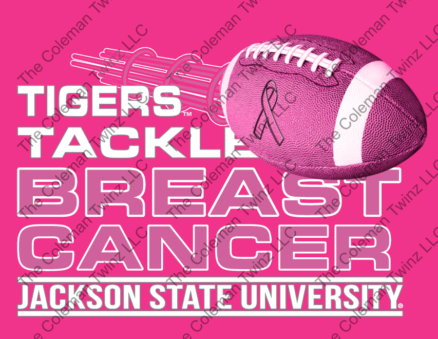 Pink unisex crew-neck T-shirt with pink football and Tigers Tackle Breast Cancer text