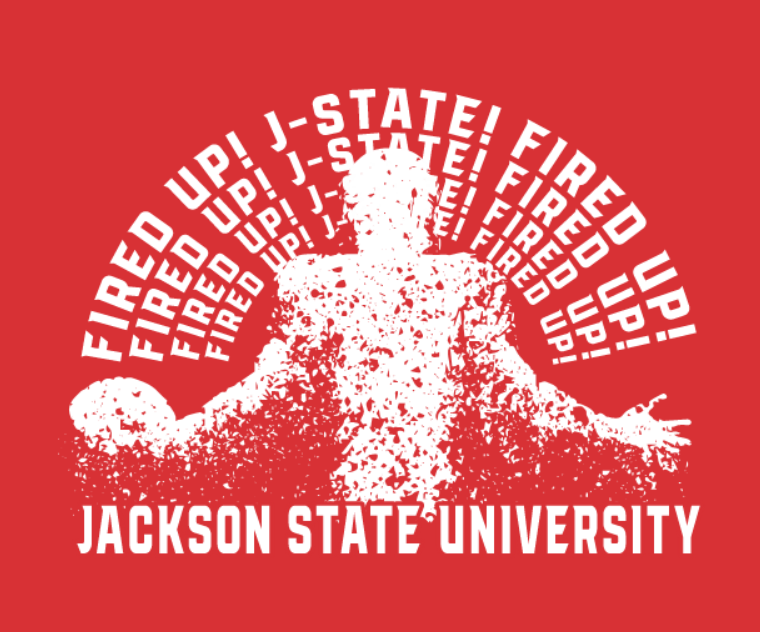 Red short-sleeve t-shirt with white “JACKSON STATE UNIVERSITY” tiger graphic
