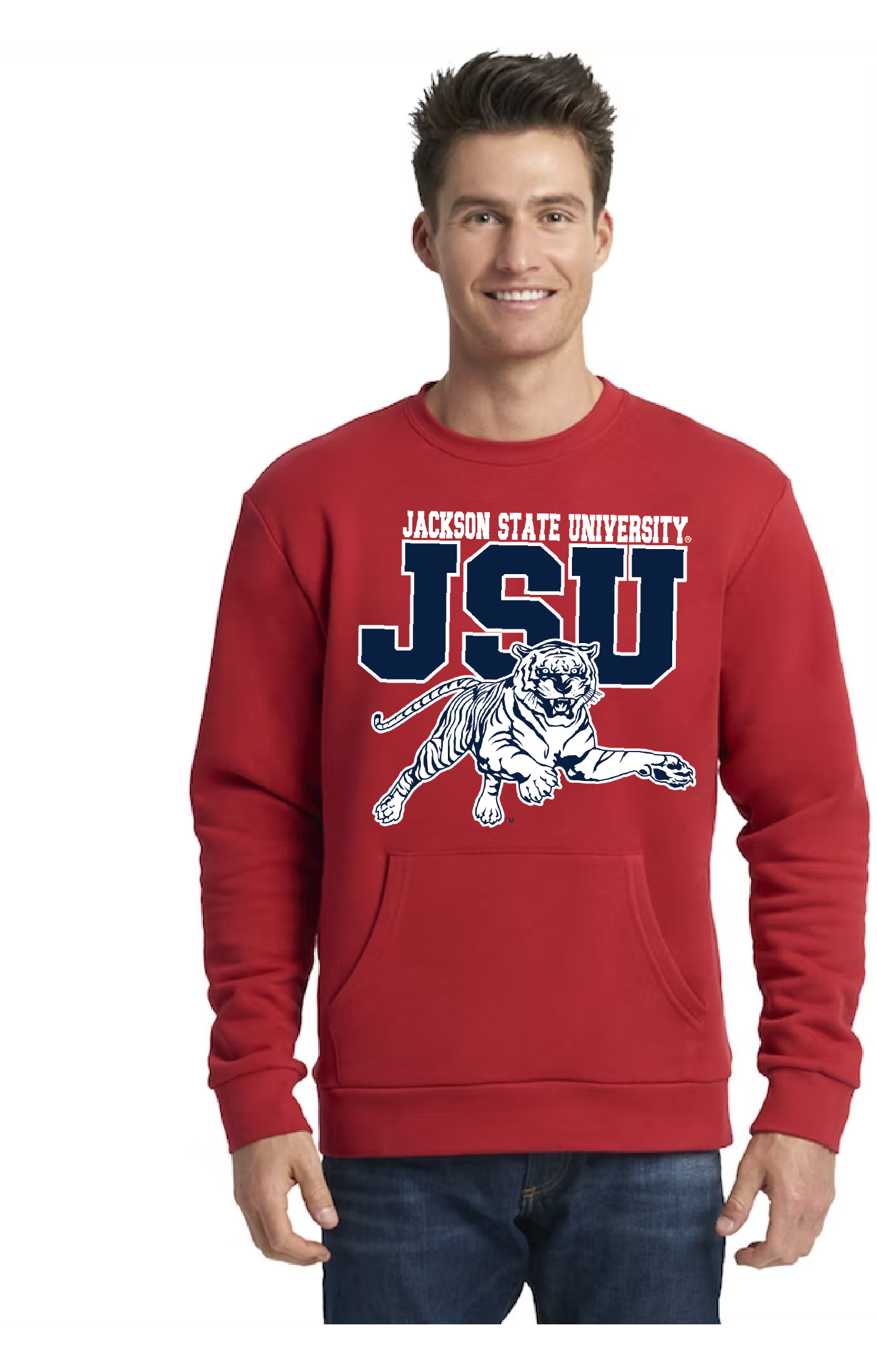Red unisex crewneck pocket sweatshirt with leaping tiger and JSU logo graphic