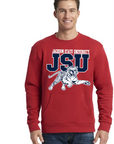 Red unisex crewneck pocket sweatshirt with leaping tiger and JSU logo graphic