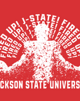 Red short-sleeve t-shirt with white “JACKSON STATE UNIVERSITY” tiger graphic