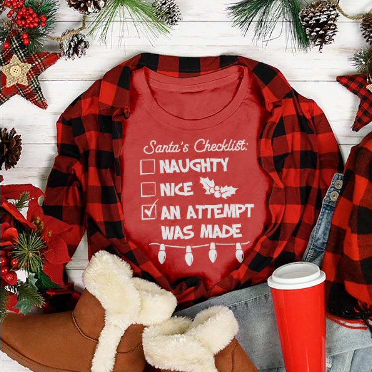 Red and black plaid short-sleeve crewneck T-shirt with Santa's Checklist print