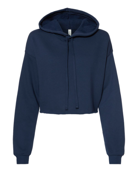 Navy blue women’s cropped pullover hoodie with hood and drawstring, zip-free front