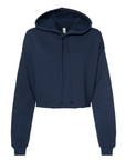 Navy blue women’s cropped pullover hoodie with hood and drawstring, zip-free front