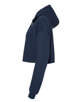 Navy blue cropped pullover hoodie shown from the side with hood and long sleeves