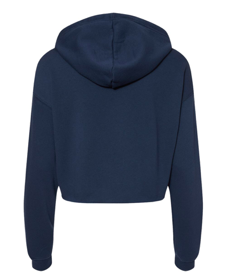 Navy blue cropped pullover hoodie back view with hood and relaxed sleeves
