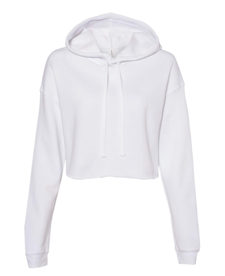 White women’s cropped pullover hoodie with hood and drawstring, clean front panel