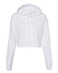 White women’s cropped pullover hoodie with hood and drawstring, clean front panel