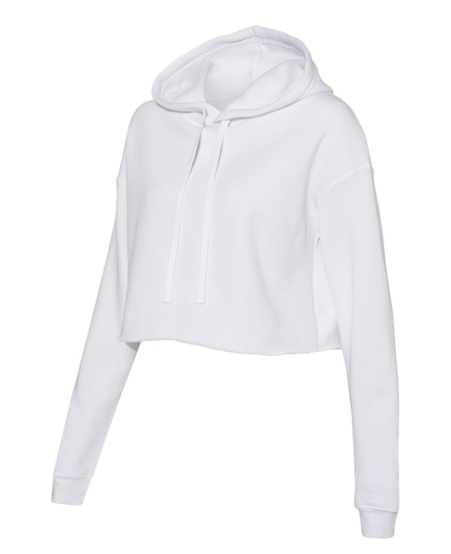 White cropped pullover hoodie angled front view with hood and drawstring