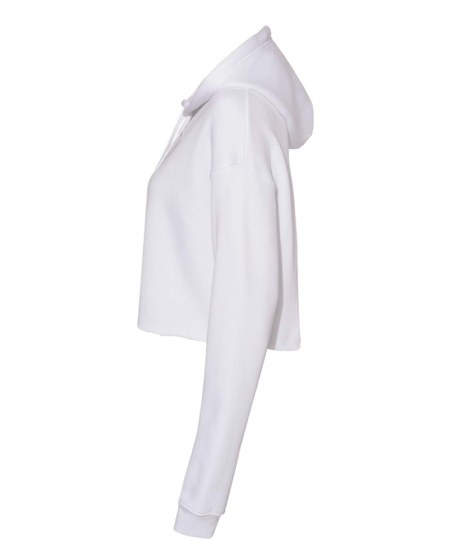 White cropped pullover hoodie side view with hood and long sleeves