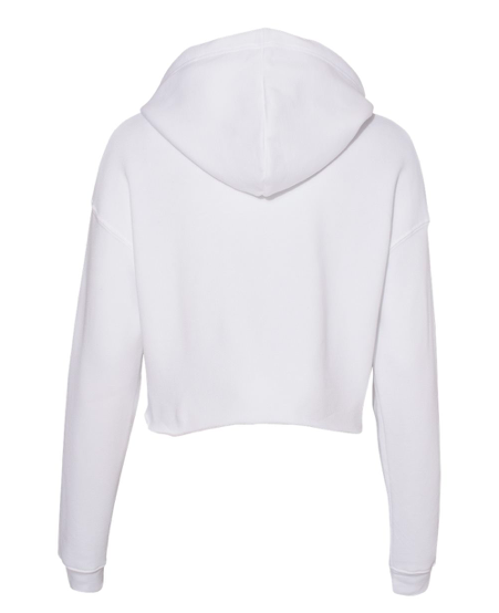 White cropped pullover hoodie back view with hood and ribbed cuffs at sleeves
