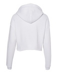 White cropped pullover hoodie back view with hood and ribbed cuffs at sleeves