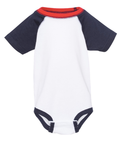 Infant tri-color baseball jersey bodysuit, white front with navy sleeves and red collar trim