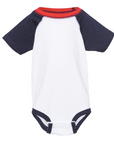 Infant tri-color baseball jersey bodysuit, white front with navy sleeves and red collar trim