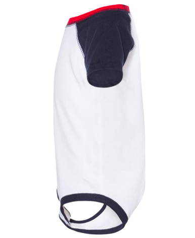 Infant tri-color baseball jersey bodysuit, white body with navy sleeve and red neck trim