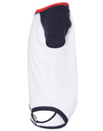 Infant tri-color baseball jersey bodysuit, white body with navy sleeve and red neck trim