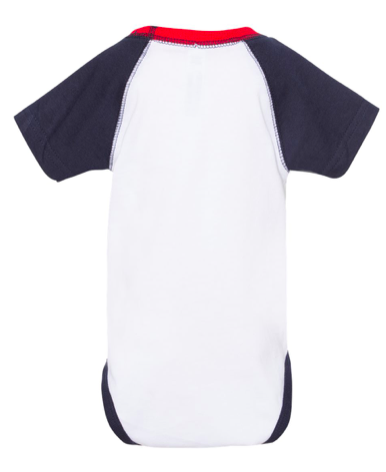 Infant tri-color baseball jersey bodysuit, back view with navy sleeves and red collar trim