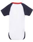 Infant tri-color baseball jersey bodysuit, back view with navy sleeves and red collar trim