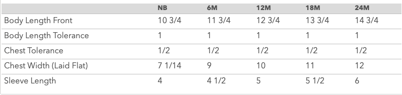 Infant baseball jersey bodysuit size chart for NB through 24M, includes lengths and chest