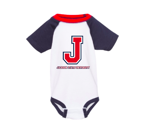 Infant tri-color baseball jersey bodysuit with navy sleeves, red collar, and J logo graphic
