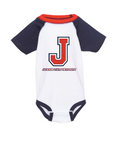 Infant tri-color baseball jersey bodysuit with navy sleeves, red collar, and J logo graphic