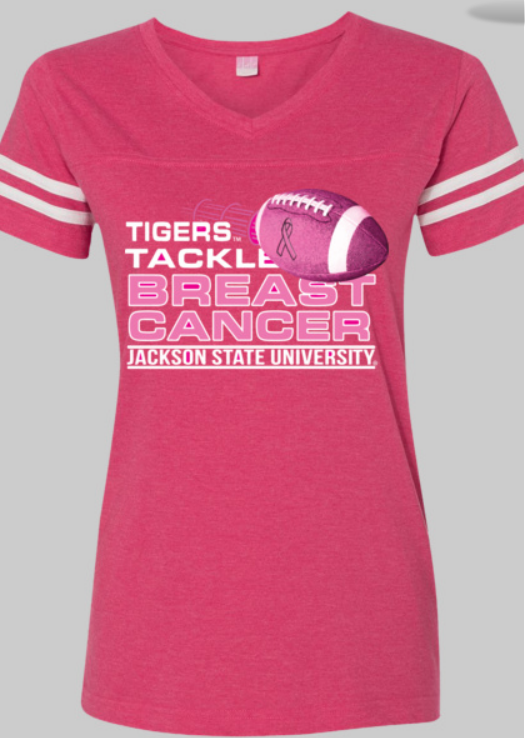Curvy women's V-neck jersey tee in vintage hot pink with Tigers breast cancer graphic