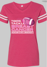 Load image into Gallery viewer, Jackson State University Tigers Tackle Breast Cancer CURVY Women&#39;s Football V-Neck Fine Jersey Tee
