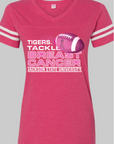 Curvy women's V-neck jersey tee in vintage hot pink with Tigers breast cancer graphic