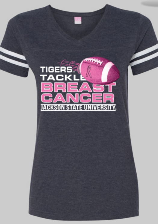 Dark heather V-neck tee with front Breast Cancer awareness graphic and football icon