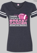 Load image into Gallery viewer, Jackson State University Tigers Tackle Breast Cancer LADIES Football V-Neck Fine Jersey Tee
