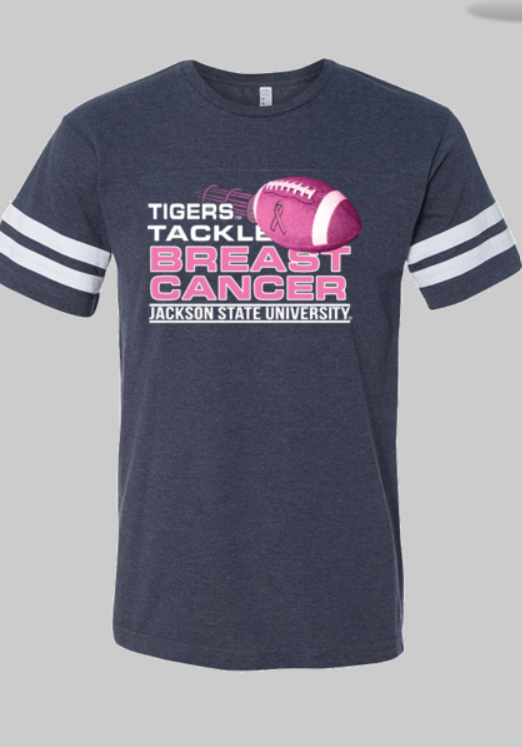 Dark navy unisex tee with 'Tigers Tackle Breast Cancer' football graphic and striped sleeves