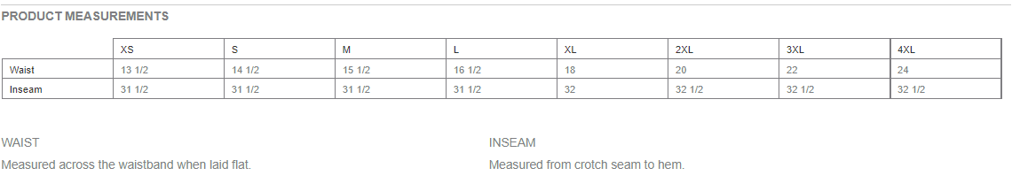 Size chart for flannel pajama pants with waist and inseam measurements