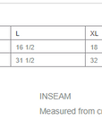Size chart for flannel pajama pants with waist and inseam measurements