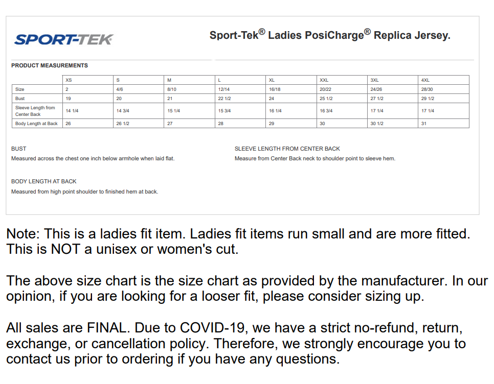 Sport-Tek ladies posicharge replica jersey size chart with fit and note text