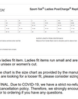 Sport-Tek ladies posicharge replica jersey size chart with fit and note text