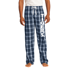 Navy plaid flannel pajama pants with vertical Tigers logo on front