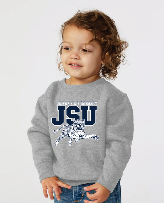 Toddler heather grey crewneck sweatshirt on child with JSU leaping tiger logo