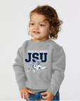 Toddler heather grey crewneck sweatshirt on child with JSU leaping tiger logo